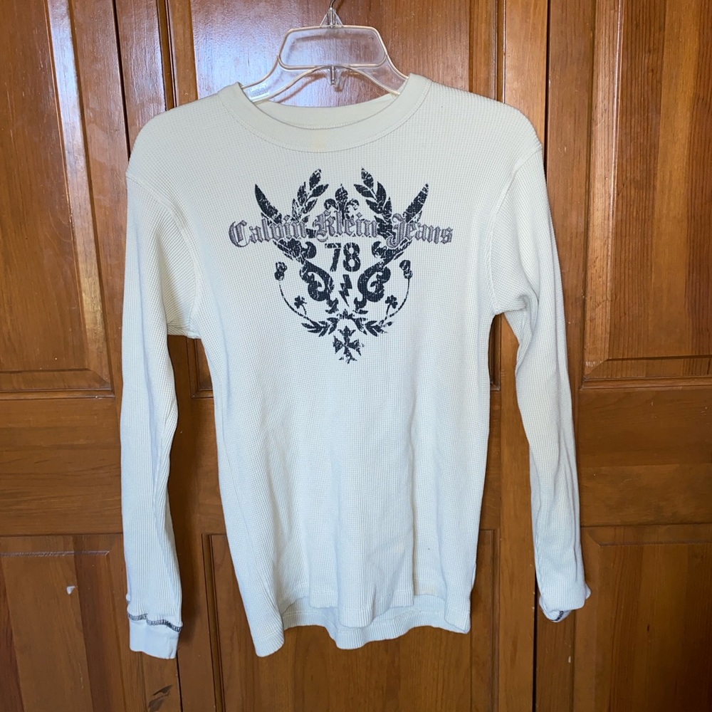 Calvin Klein Jeans XL Y2K Long Sleeve Waffle Knit Shirt Graphic Cream